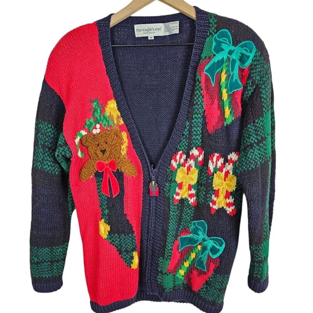 The Eagle's Eye Ugly Christmas sweater vintage‎ fuzzy knit cardigan size M